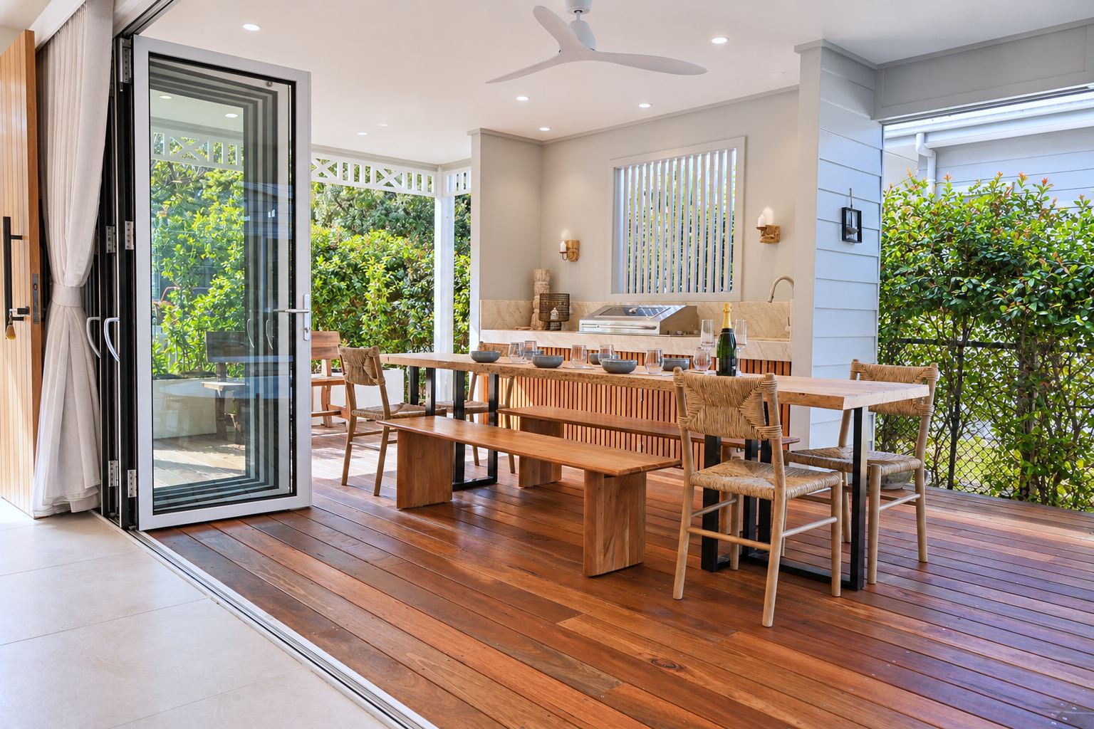 Alfresco dining table on the deck, with bifold doors open to the house