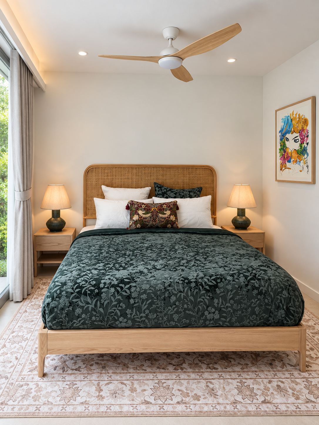 King bedroom with bedside lamps lit and a rattan bedhead