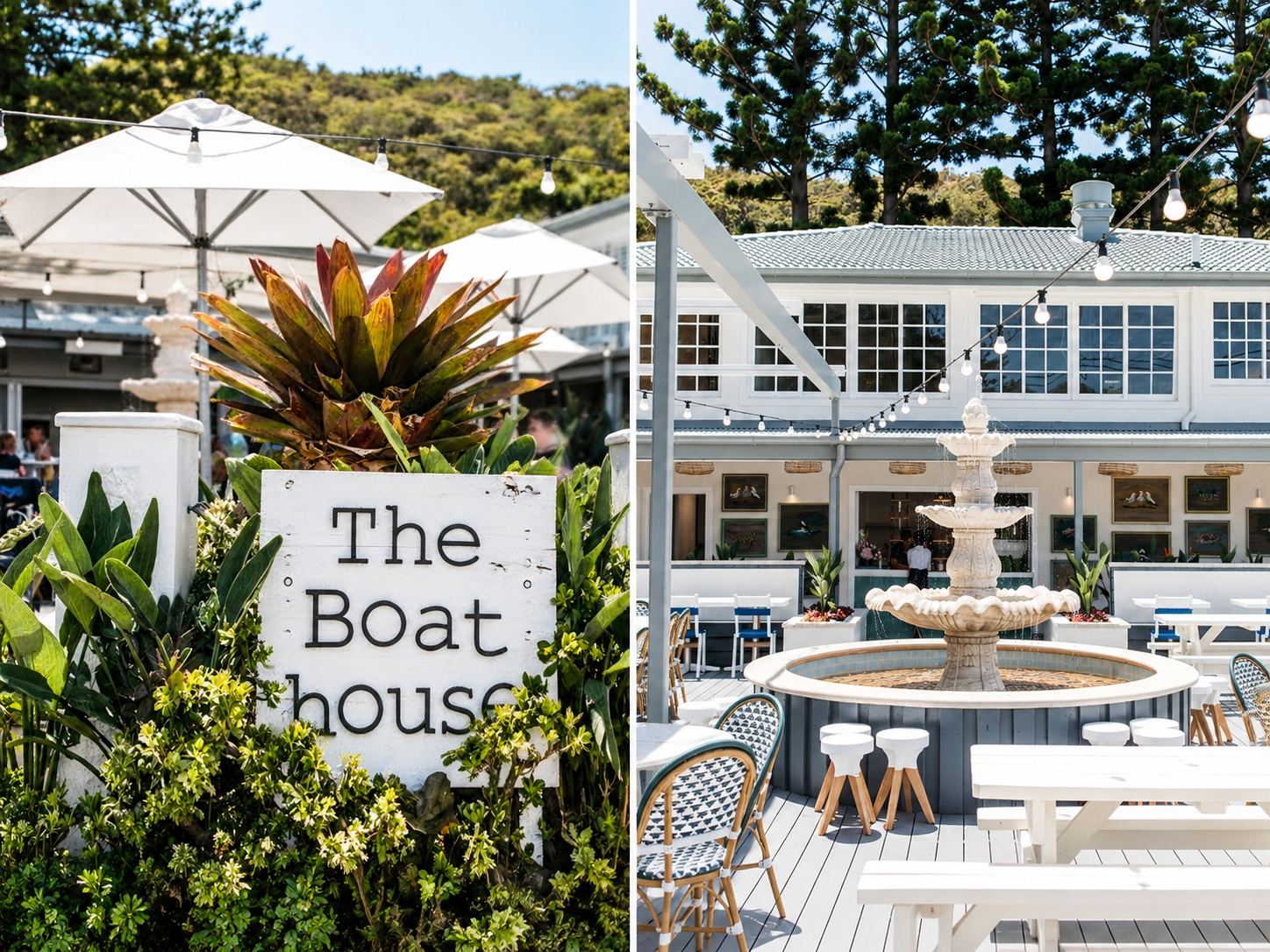 The Boathouse sign and its terrace with a fountain and umbrellas