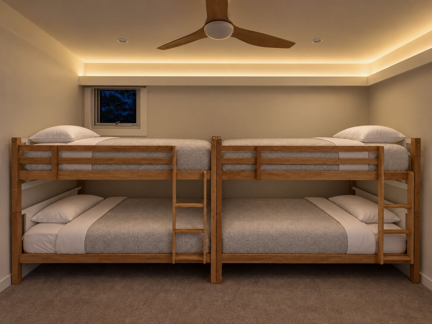 Fourth bedroom with four king single beds in timber bunks