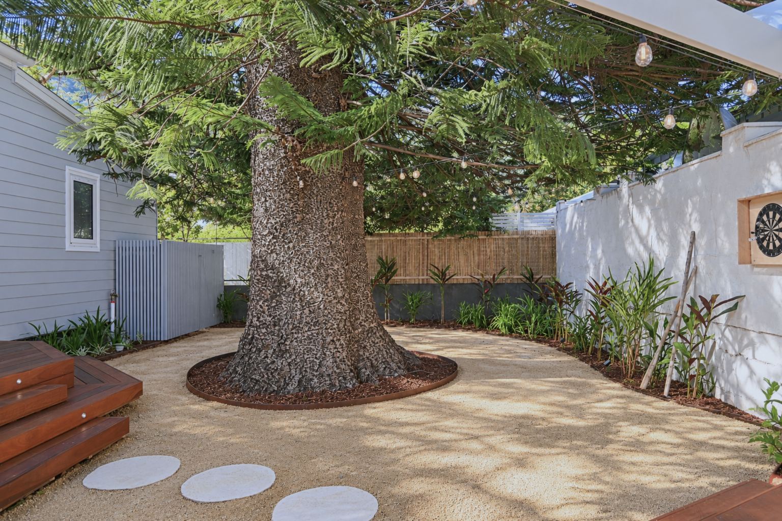 Back garden with stepping stones around a large old tree