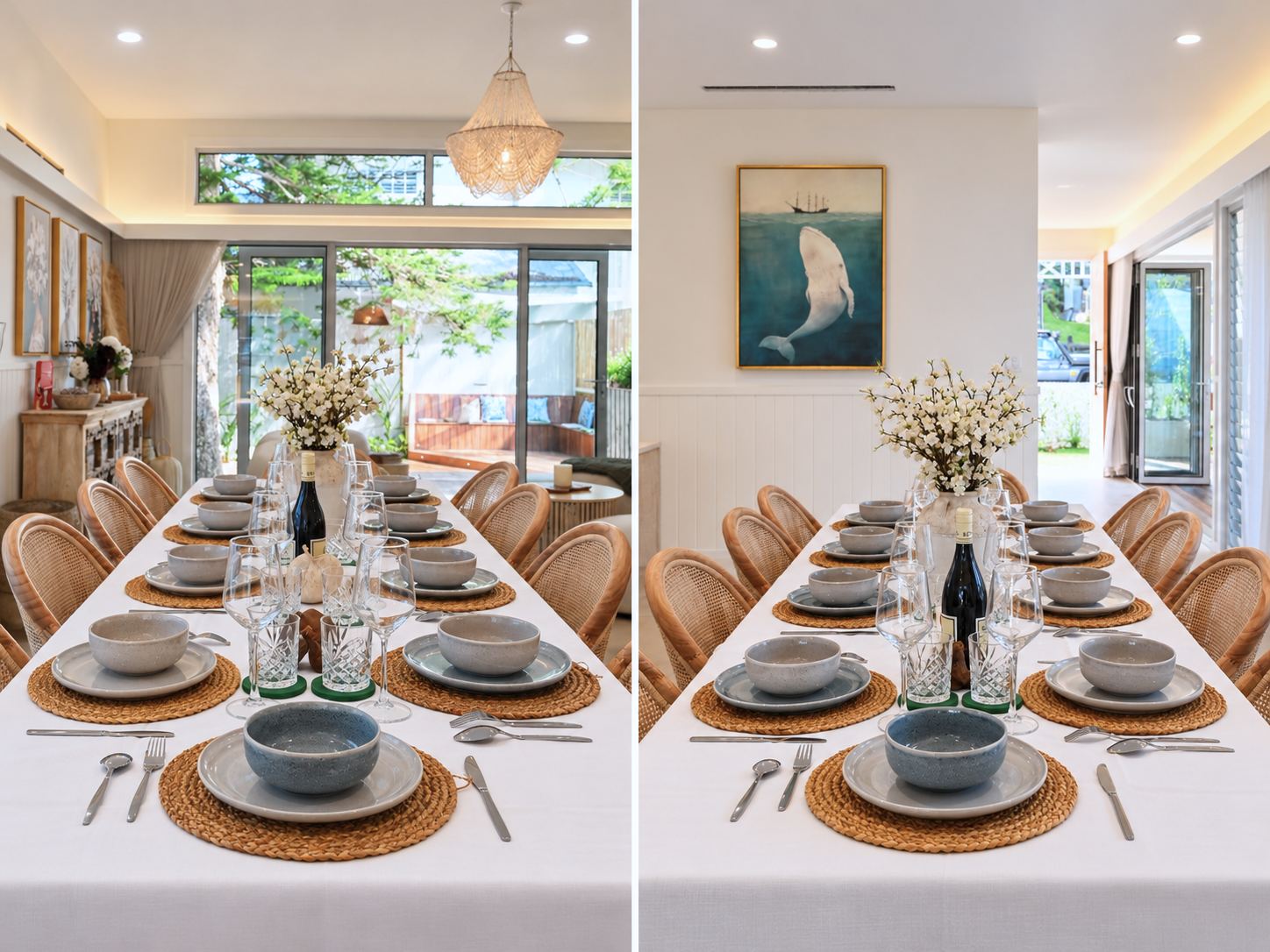 Dining table set with ceramic bowls, glassware and fresh flowers