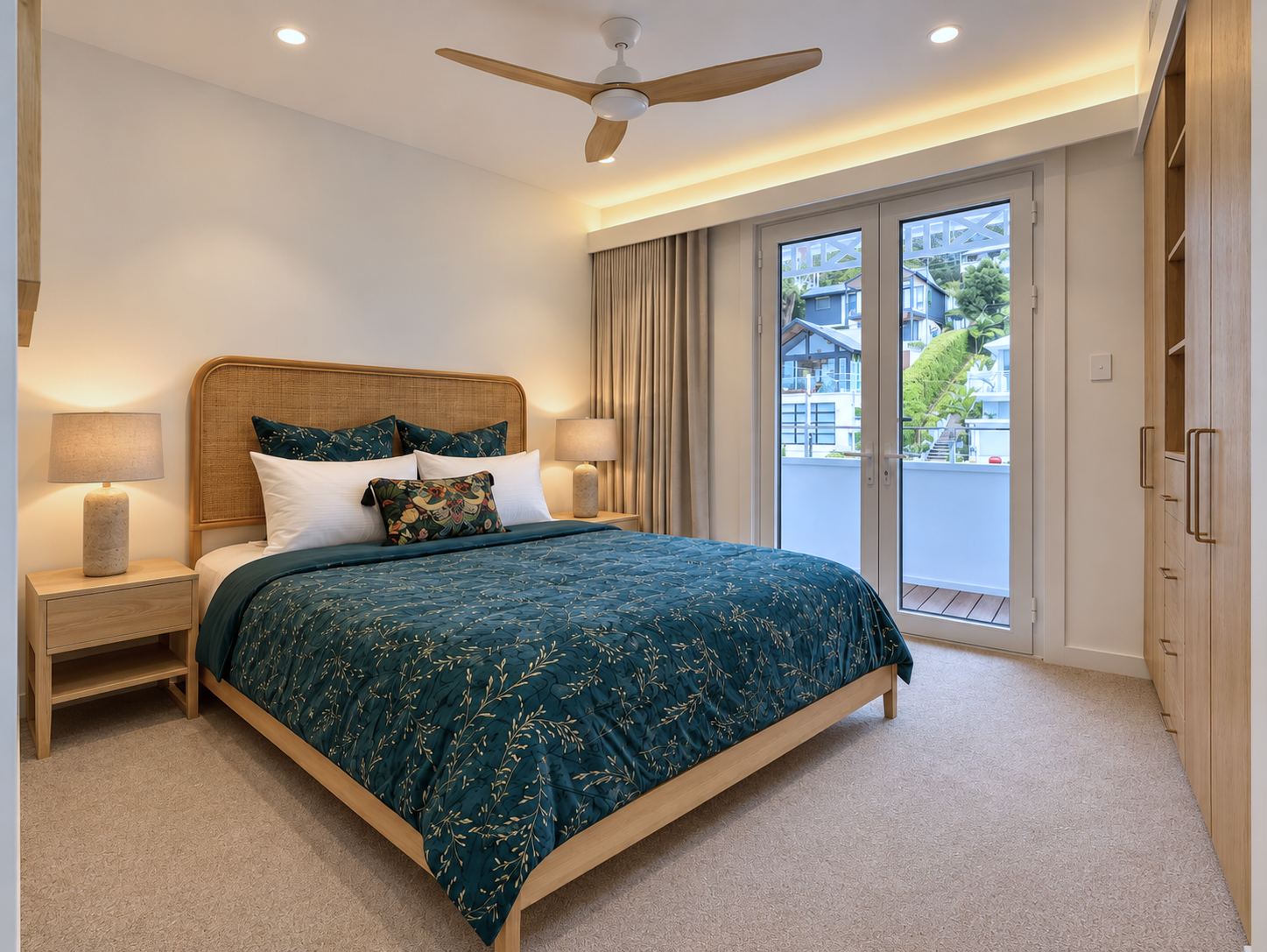 King bedroom with rattan bedhead and French doors to the balcony