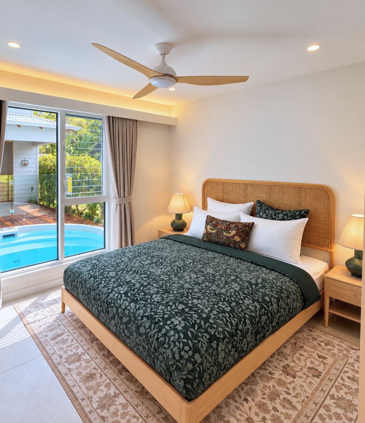 King bedroom with glass doors looking onto the plunge pool