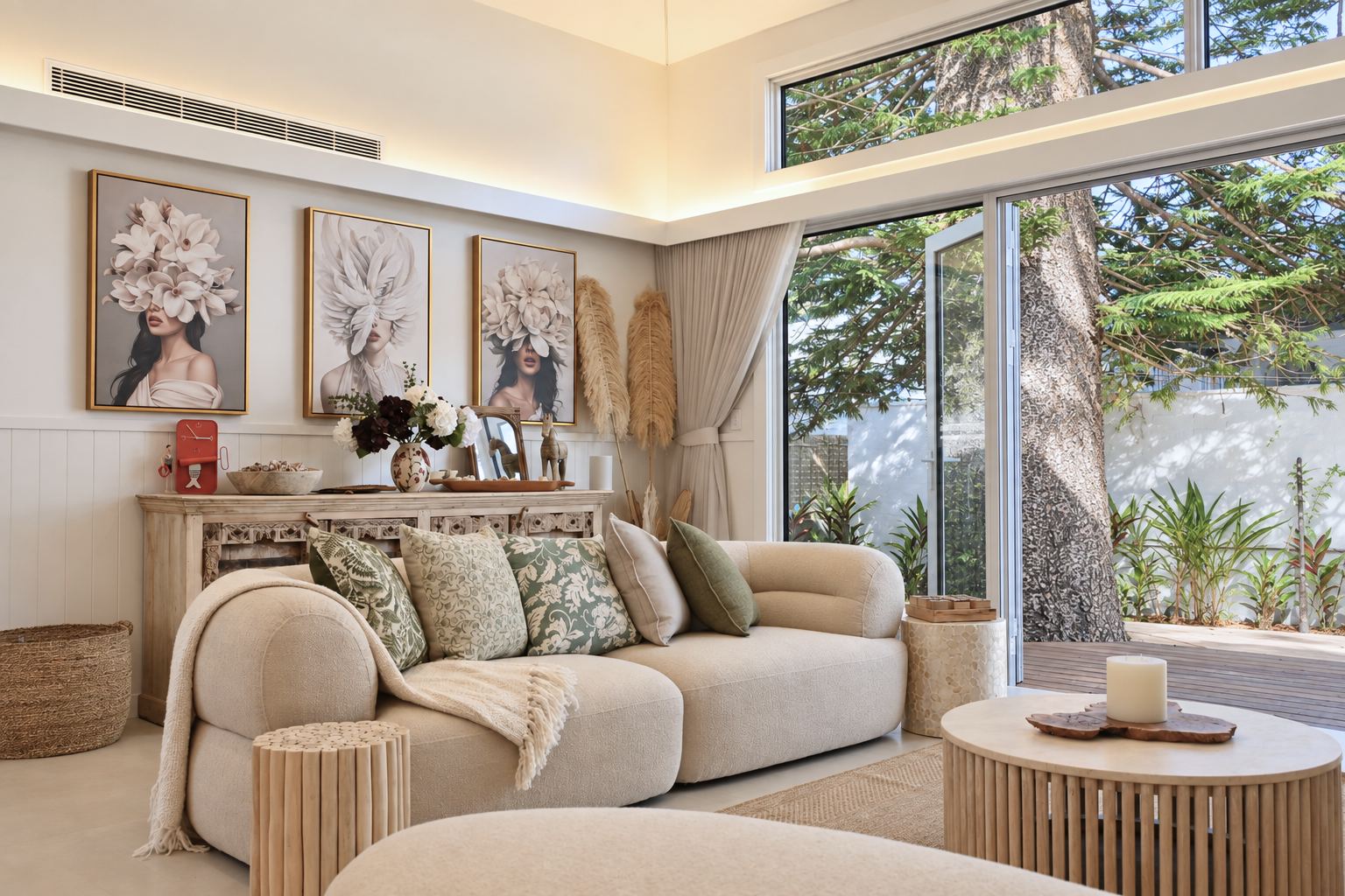 Living room with curved sofa, framed artwork and glass doors to the garden