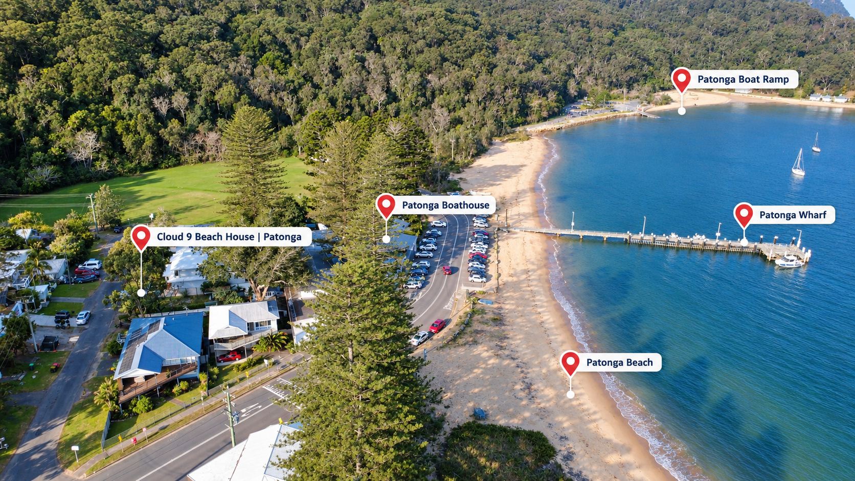 Aerial map showing Cloud 9, the Boathouse, Patonga Beach, the wharf and the boat ramp