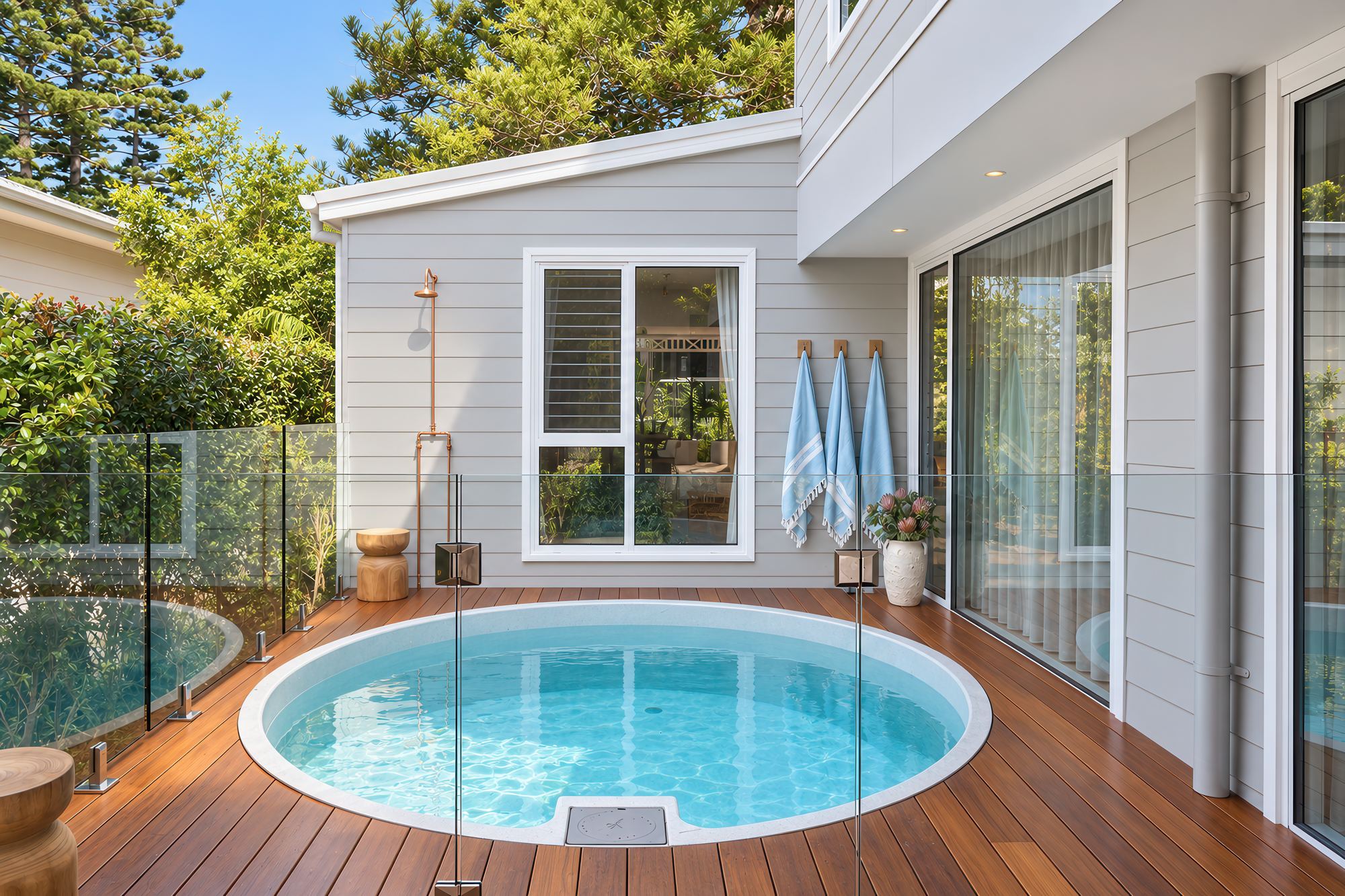 Round plunge pool on spotted gum decking beside the weatherboard house